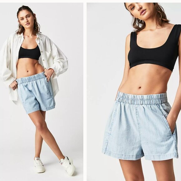 We The Free Pants - We The Free Get Free Chambray Blue Pull-On Shorts XL Casual Pull On Cotton Boho